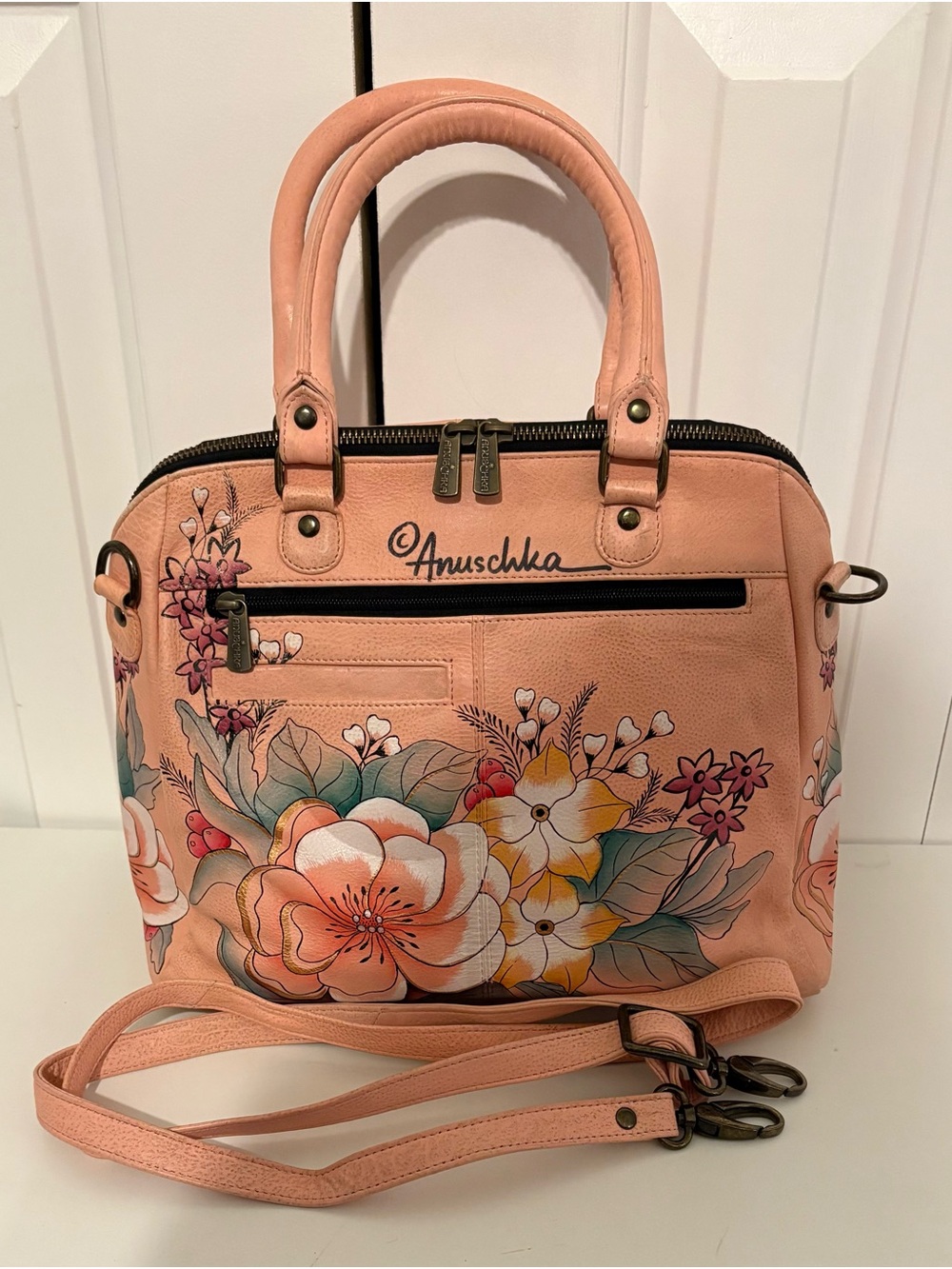 ANUSCHKA Top Handle Peach Handpainted Floral Satchel w/Adjustable Shoulder Strap